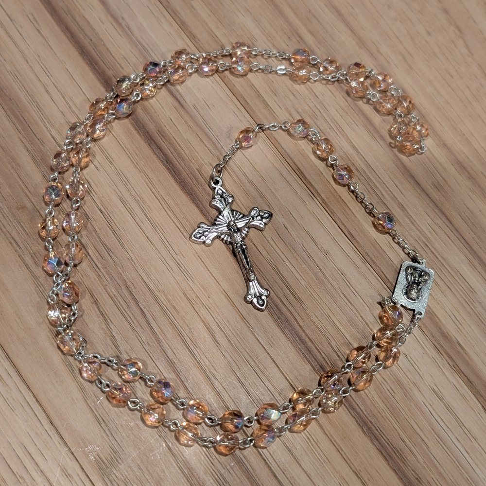 Elegant Silvertone and Pink Crystal Rosary Necklace